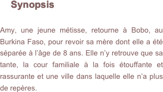     Synopsis

Amy, une jeune métisse, retourne à Bobo, au Burkina Faso, pour revoir sa mère dont elle a été séparée à l’âge de 8 ans. Elle n’y retrouve que sa tante, la cour familiale à la fois étouffante et rassurante et une ville dans laquelle elle n’a plus de repères.